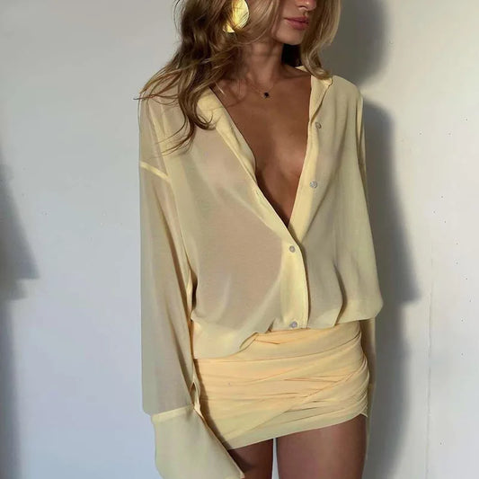cryptographic-fashion-see-through-shirt-mini-dress-flare-sleeve-sexy-club-party-bandage-ruched-lapel-dresses-outfits-clothes