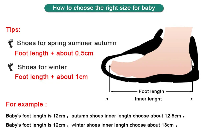 Diagram and text on how to choose the right size of shoes for babies based on foot length.