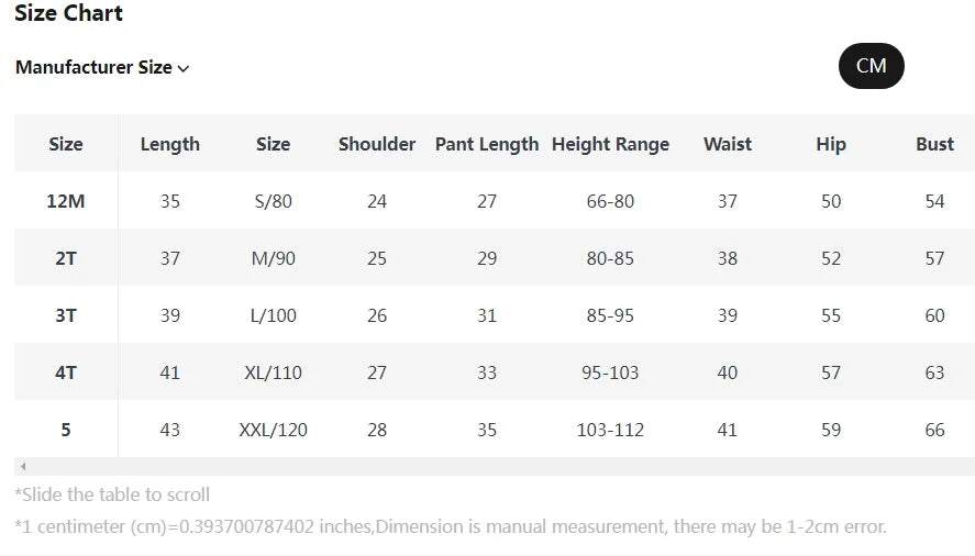Size chart for children's clothing with measurements in centimeters and inches.