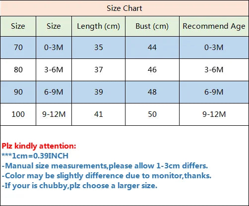 Size chart for children's clothing with measurements in centimeters and recommended ages.