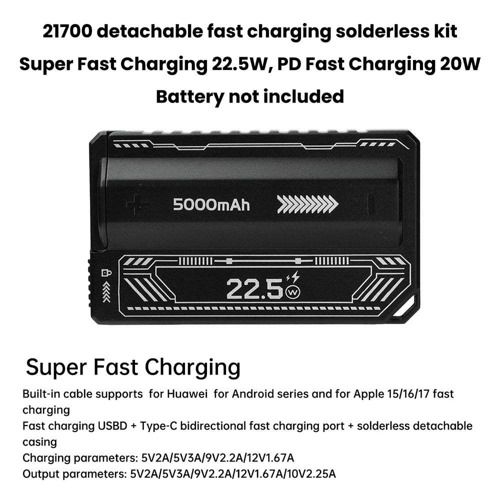 21700 Power Bank Case PD 20W Fast Charging with Built-In Cable