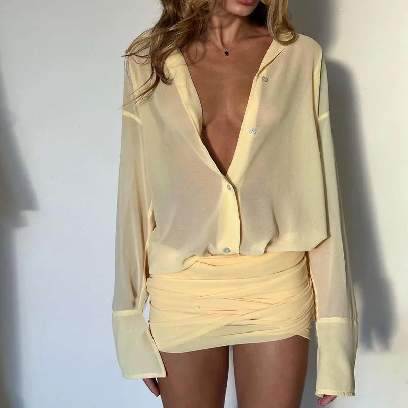 cryptographic-fashion-see-through-shirt-mini-dress-flare-sleeve-sexy-club-party-bandage-ruched-lapel-dresses-outfits-clothes