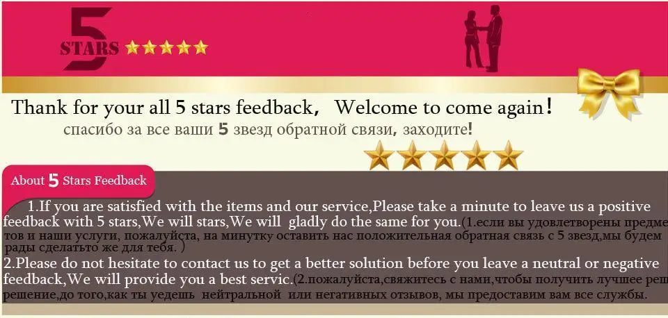 Five-star feedback card with text and graphics on a pink background