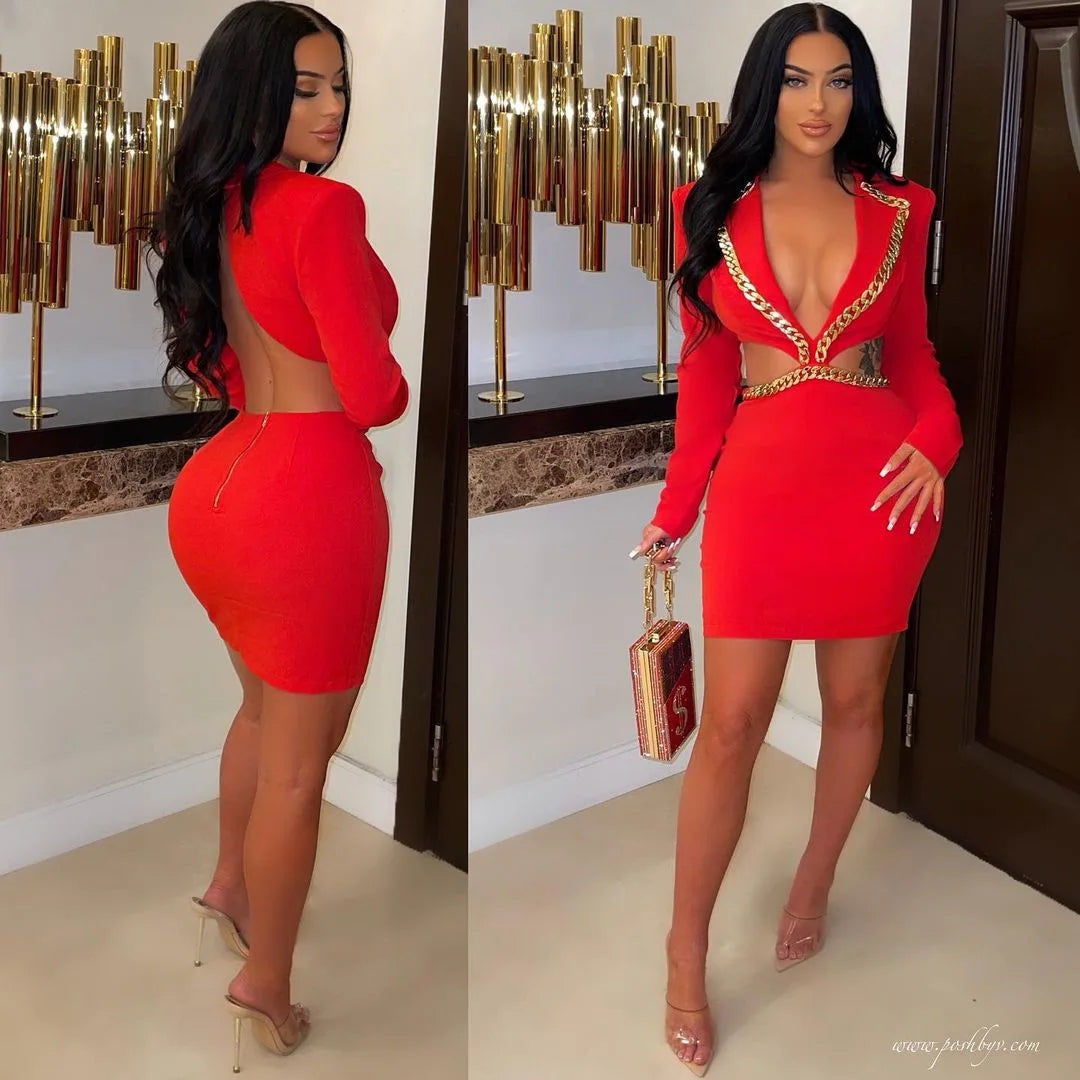 women-hollow-out-chain-tight-mini-dress-deep-v-neck-solid-color-sexy-long-sleeve-summer-mini-dress-y2k