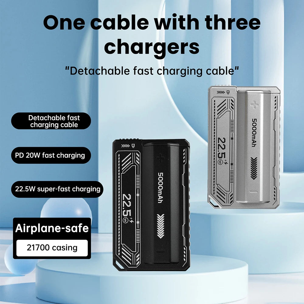 21700 Power Bank Case PD 20W Fast Charging with Built-In Cable
