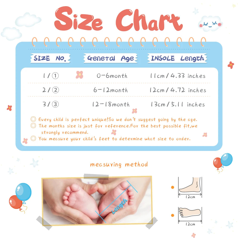Size chart for children's shoes with measurements and a measuring method illustration.