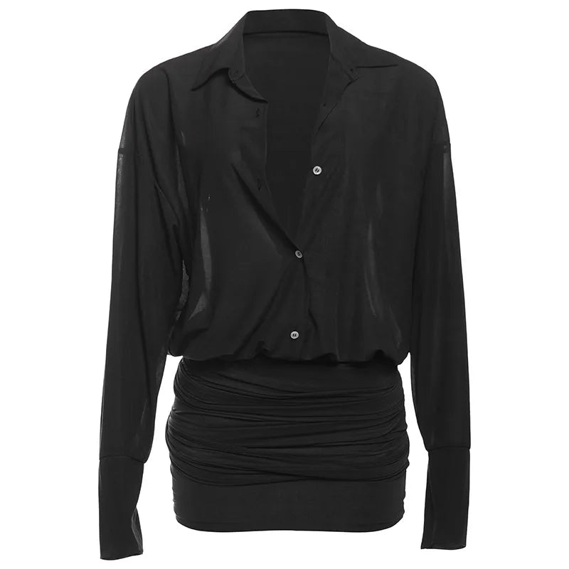 cryptographic-fashion-see-through-shirt-mini-dress-flare-sleeve-sexy-club-party-bandage-ruched-lapel-dresses-outfits-clothes