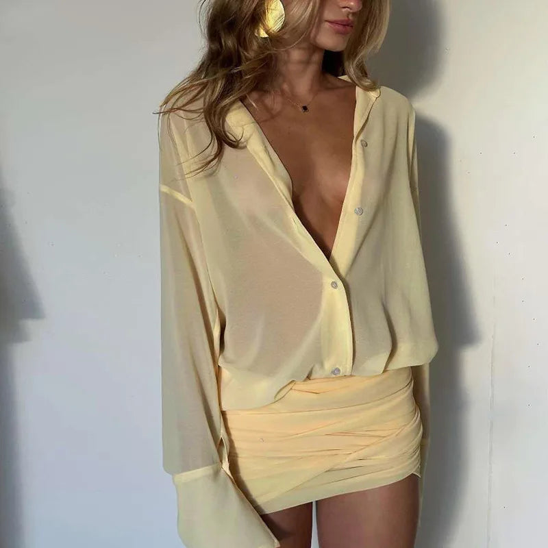cryptographic-fashion-see-through-shirt-mini-dress-flare-sleeve-sexy-club-party-bandage-ruched-lapel-dresses-outfits-clothes