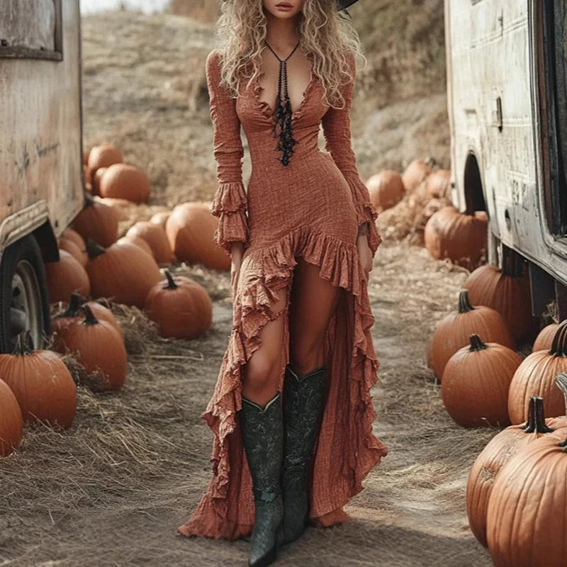 ethnic-retro-solid-ruffle-irregular-dress-women-spring-v-neck-slim-party-long-dress-autumn-butterfly-long-sleeve-boho-maxi-dress