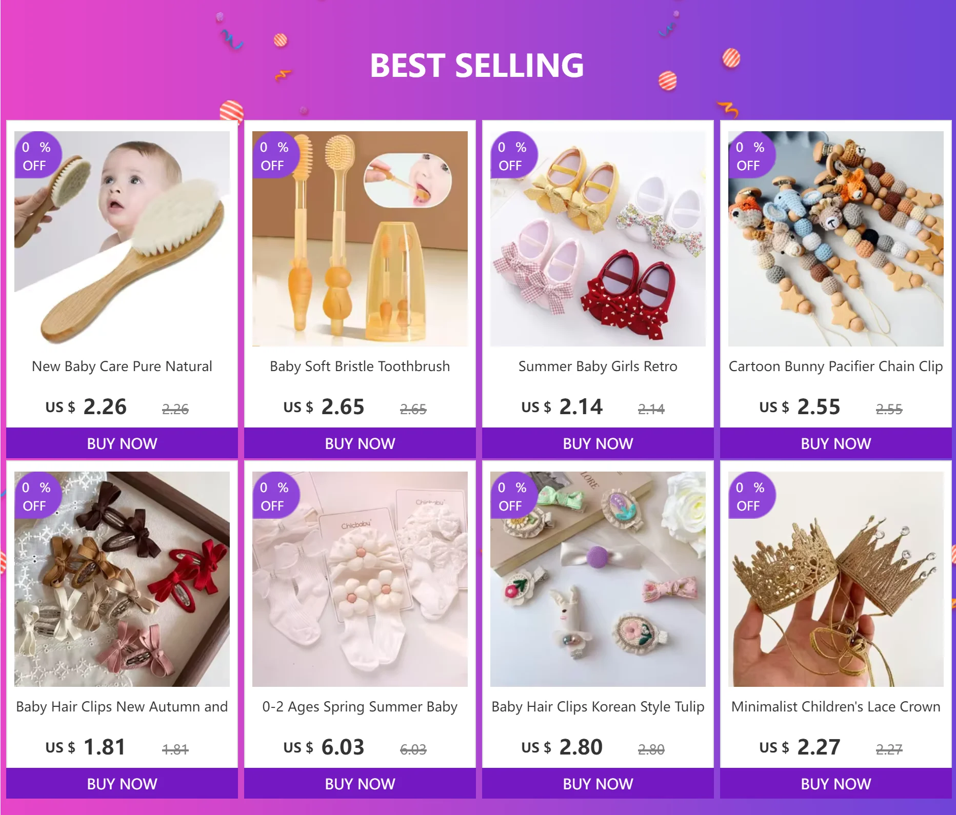Grid of baby products with prices and 'Buy Now' buttons on a purple background
