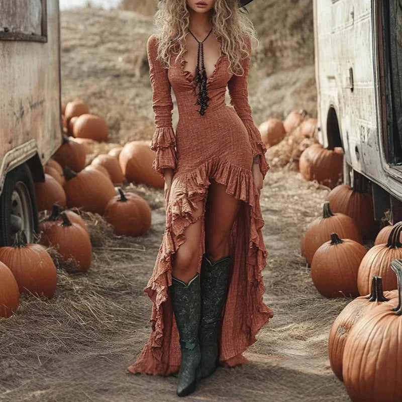 ethnic-retro-solid-ruffle-irregular-dress-women-spring-v-neck-slim-party-long-dress-autumn-butterfly-long-sleeve-boho-maxi-dress