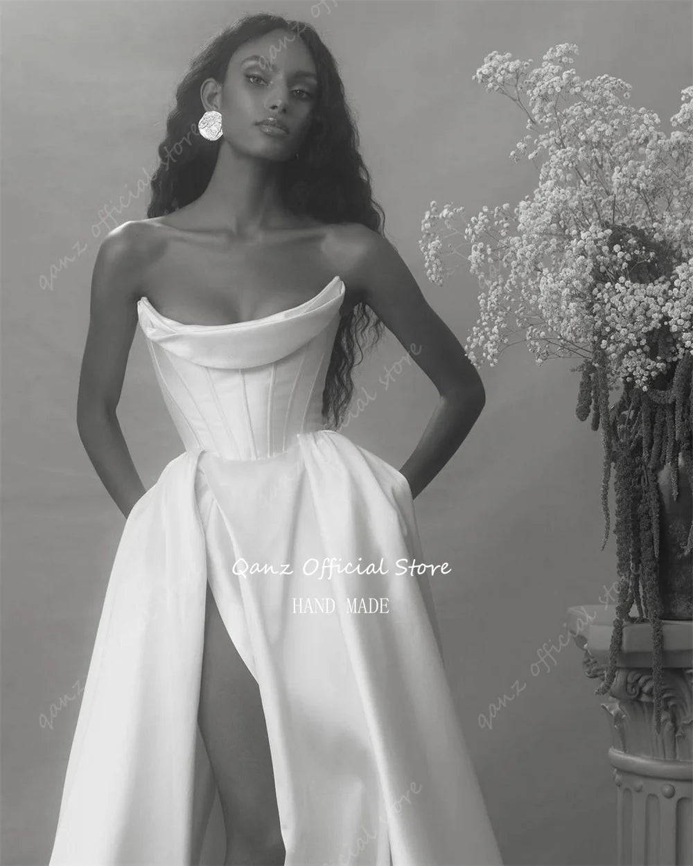 qanz-vintage-satin-wedding-gown-strapless-mermaid-pleat-wedding-dress-high-slit-customized-bride-dress-vestido-de-noiva-2024