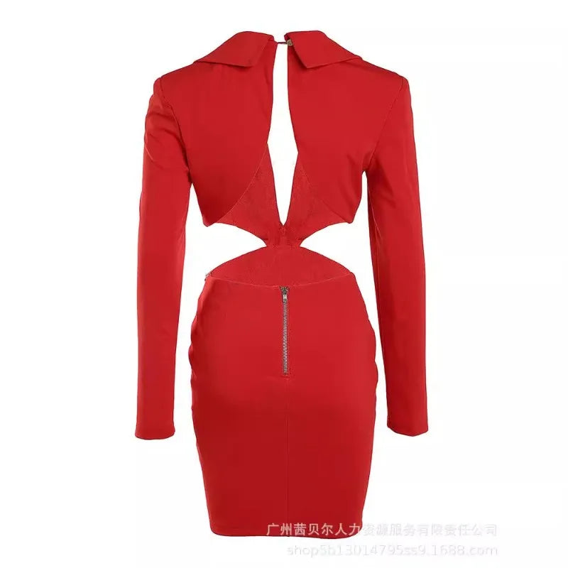 women-hollow-out-chain-tight-mini-dress-deep-v-neck-solid-color-sexy-long-sleeve-summer-mini-dress-y2k