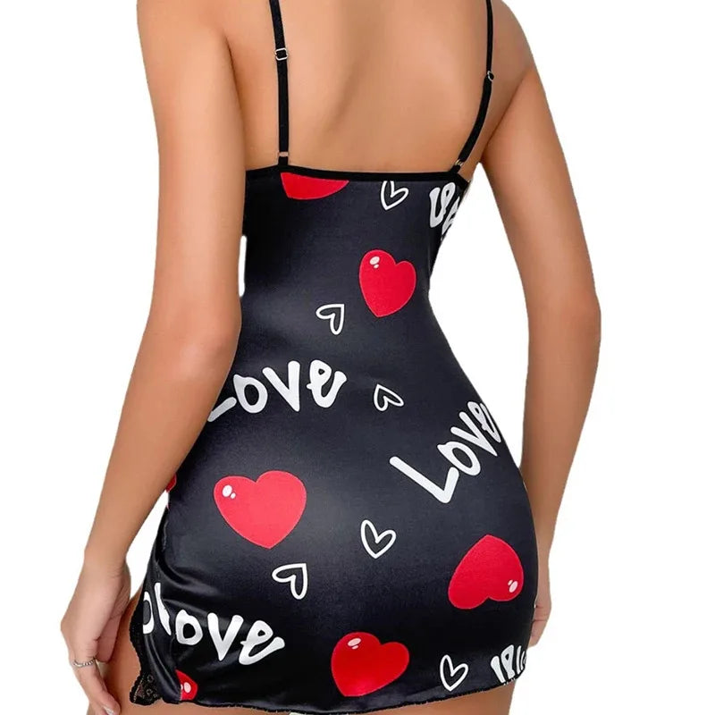 lace-edge-v-neck-sling-side-split-sleepwear-womens-printed-love-letter-black-home-sling-dress-pajamas