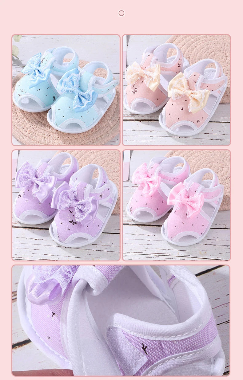 Collage of baby shoes with bows in various colors on a pink background