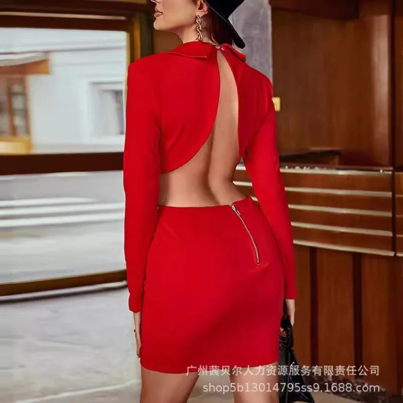 women-hollow-out-chain-tight-mini-dress-deep-v-neck-solid-color-sexy-long-sleeve-summer-mini-dress-y2k