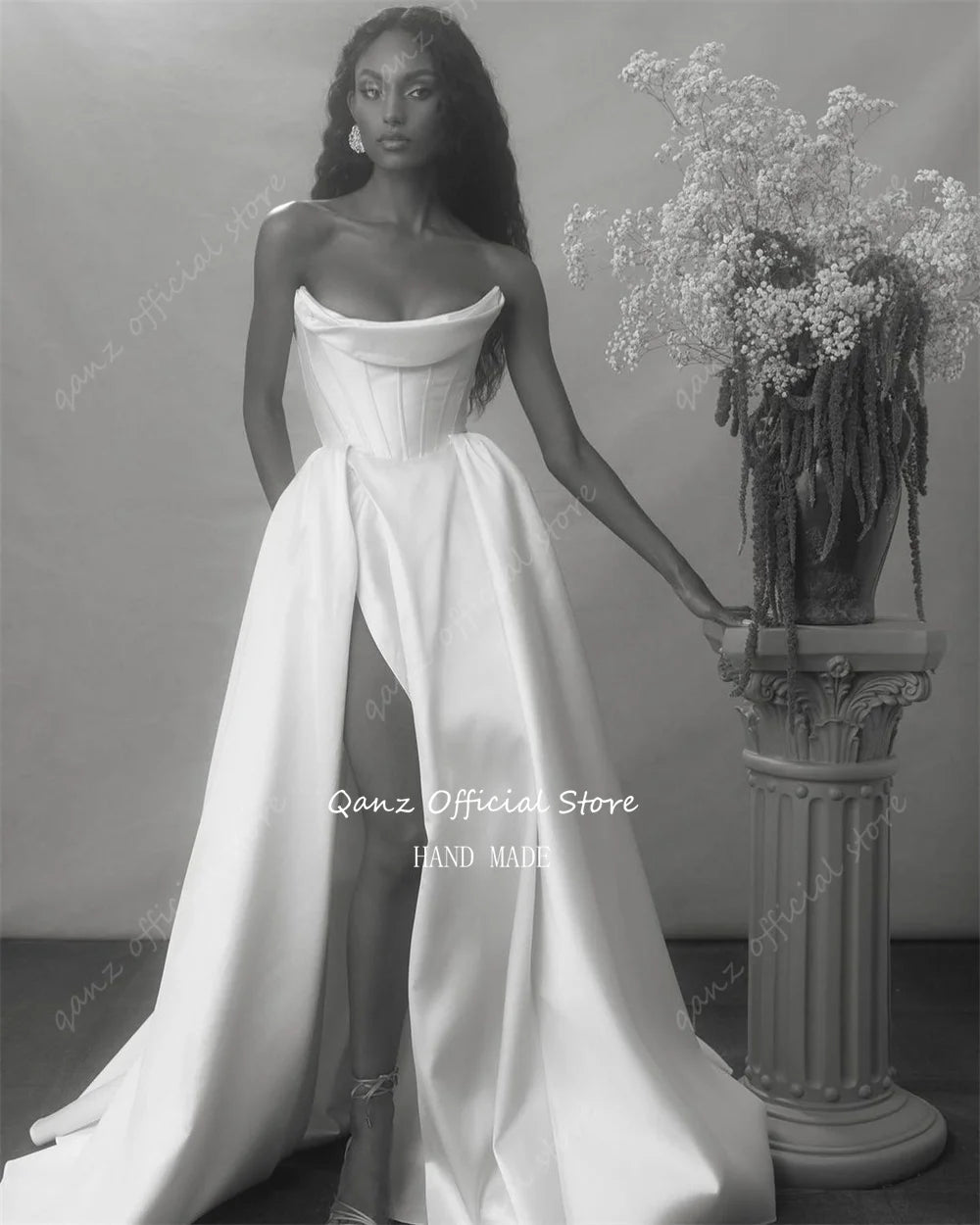 qanz-vintage-satin-wedding-gown-strapless-mermaid-pleat-wedding-dress-high-slit-customized-bride-dress-vestido-de-noiva-2024