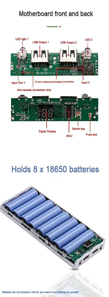 8-Slot 18650 USB Power Bank Charger Box with LED Display