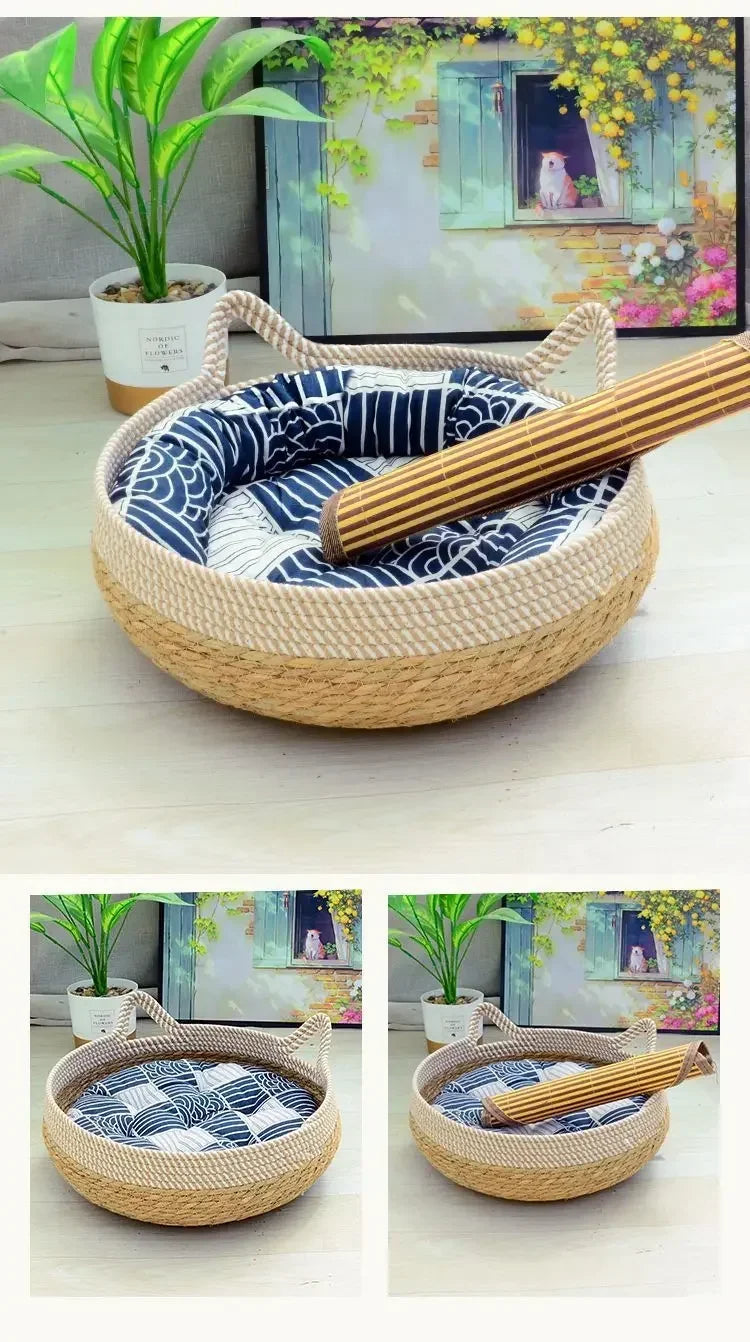 summer-cat-bed-woven-removable-upholstery-sleeping-house-cat-scratch-floor-rattan-wear-resistant-washable-cat-pet-supplies-35