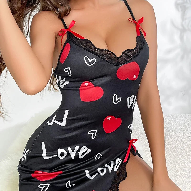 lace-edge-v-neck-sling-side-split-sleepwear-womens-printed-love-letter-black-home-sling-dress-pajamas