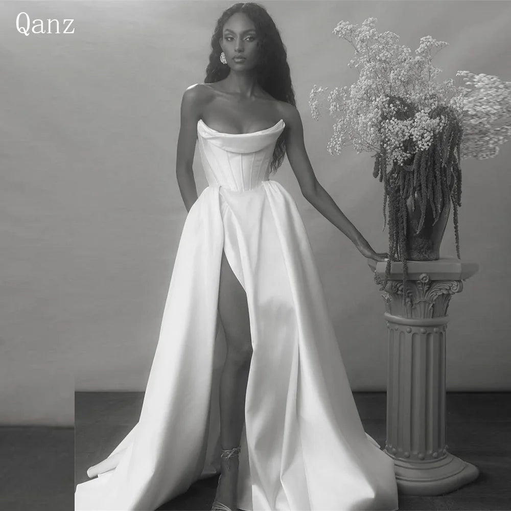 qanz-vintage-satin-wedding-gown-strapless-mermaid-pleat-wedding-dress-high-slit-customized-bride-dress-vestido-de-noiva-2024