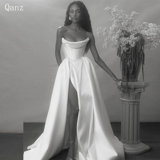 qanz-vintage-satin-wedding-gown-strapless-mermaid-pleat-wedding-dress-high-slit-customized-bride-dress-vestido-de-noiva-2024