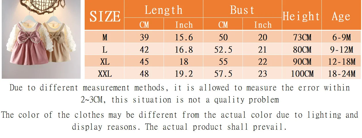Size chart for children's clothing with measurements in centimeters and inches.