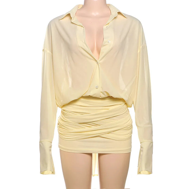 cryptographic-fashion-see-through-shirt-mini-dress-flare-sleeve-sexy-club-party-bandage-ruched-lapel-dresses-outfits-clothes
