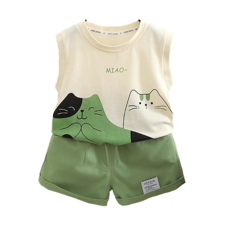 Children's sleeveless top and shorts set with cat designs on a white background