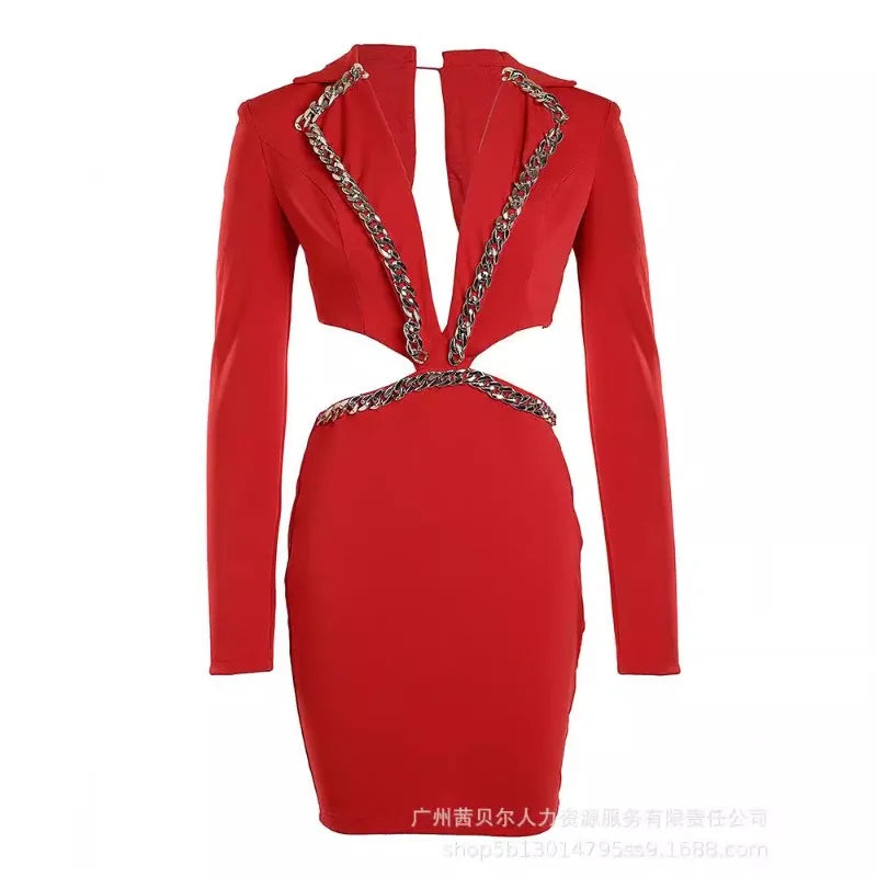 women-hollow-out-chain-tight-mini-dress-deep-v-neck-solid-color-sexy-long-sleeve-summer-mini-dress-y2k