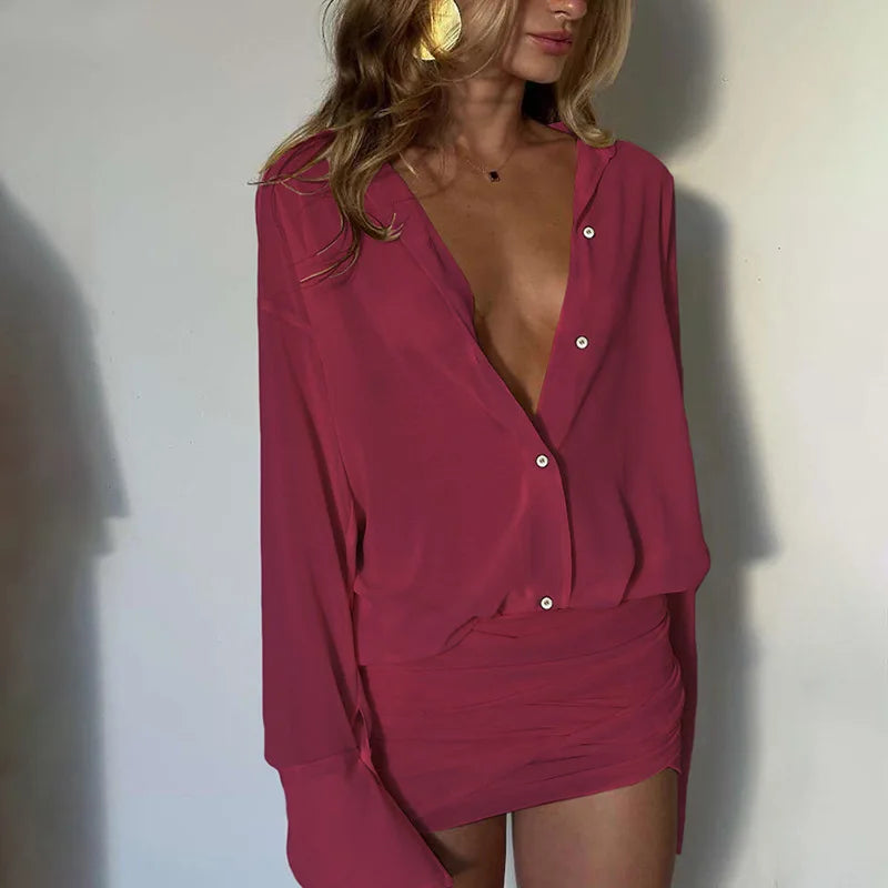 cryptographic-fashion-see-through-shirt-mini-dress-flare-sleeve-sexy-club-party-bandage-ruched-lapel-dresses-outfits-clothes