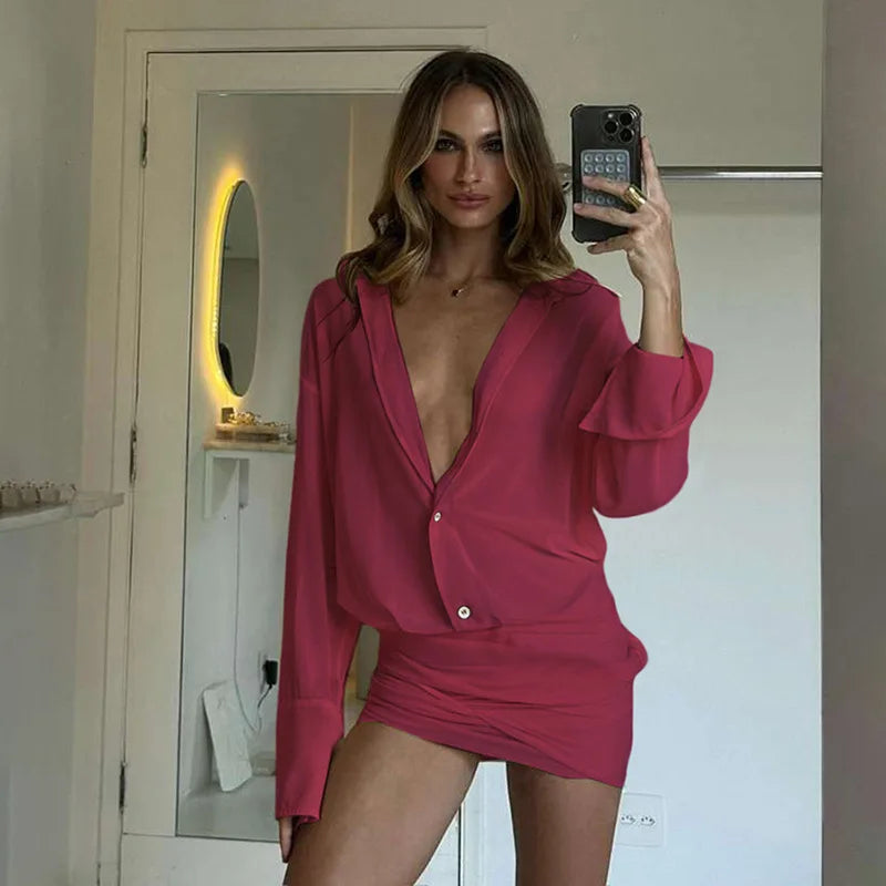 cryptographic-fashion-see-through-shirt-mini-dress-flare-sleeve-sexy-club-party-bandage-ruched-lapel-dresses-outfits-clothes