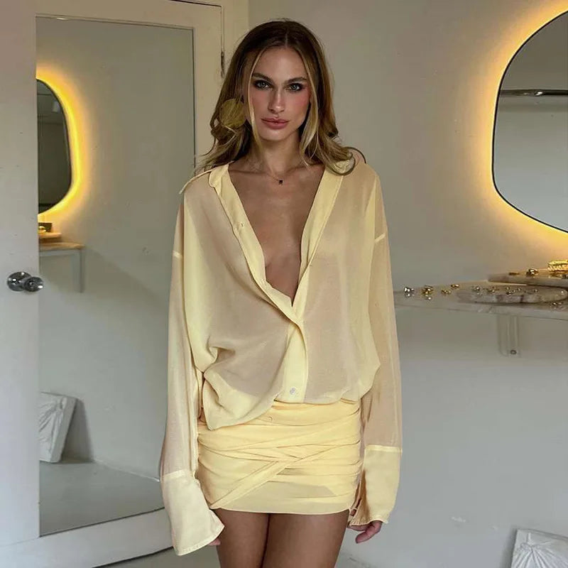 cryptographic-fashion-see-through-shirt-mini-dress-flare-sleeve-sexy-club-party-bandage-ruched-lapel-dresses-outfits-clothes